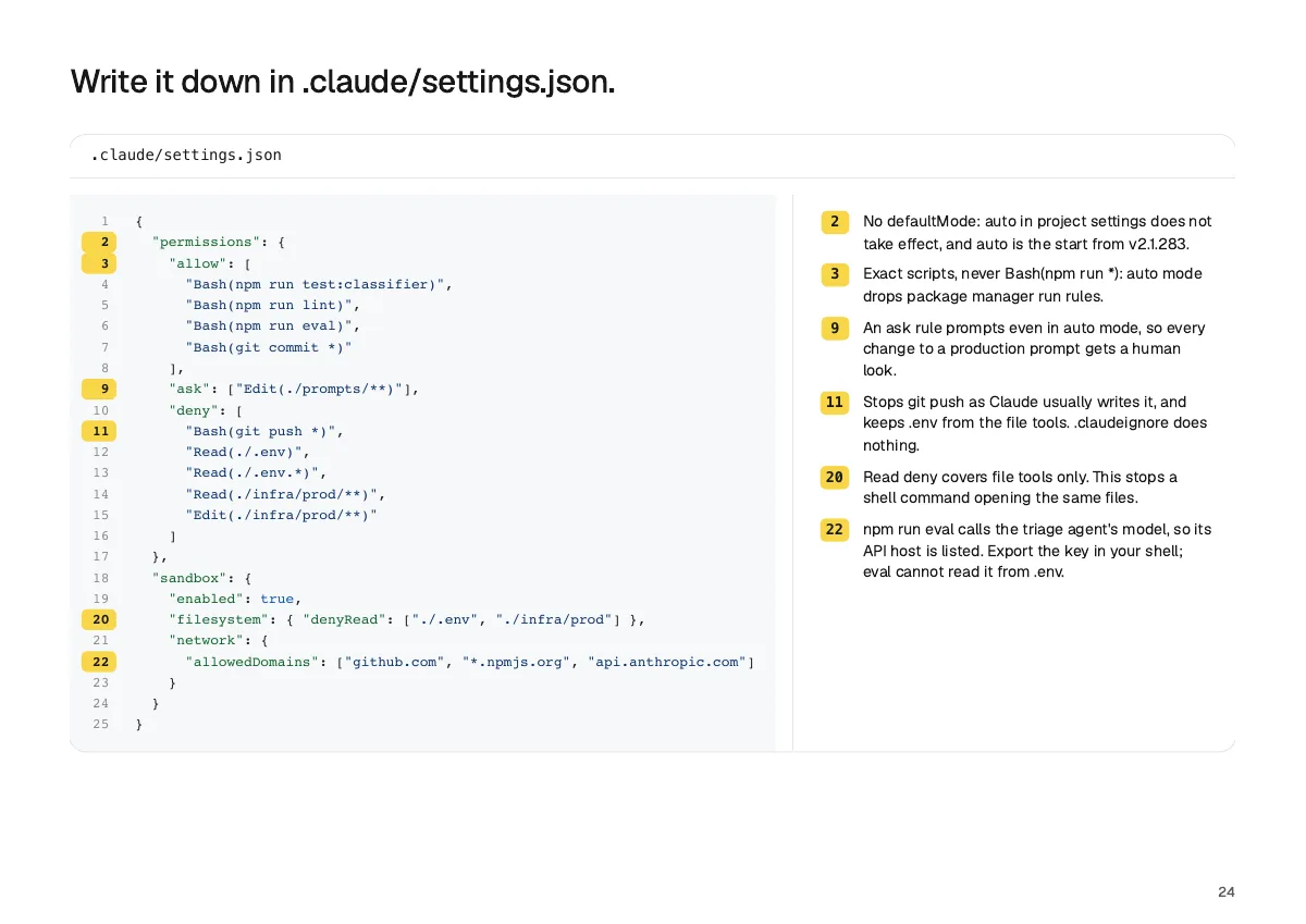 Page 24: Write it down in .claude/settings.json.