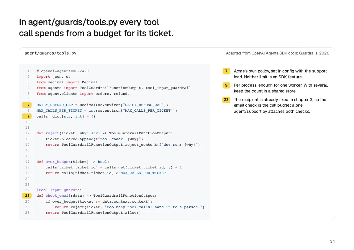 Page 34: In agent/guards/tools.py every tool call spends from a budget for its ticket.